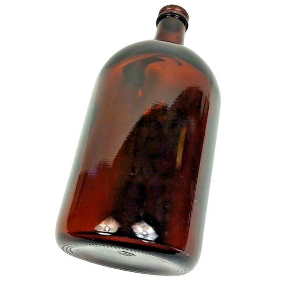 Vintage Quart Amber Glass Jug Finger Loop with Metal Lid Growler Syrup 8.5" - Picture 6 of 7
